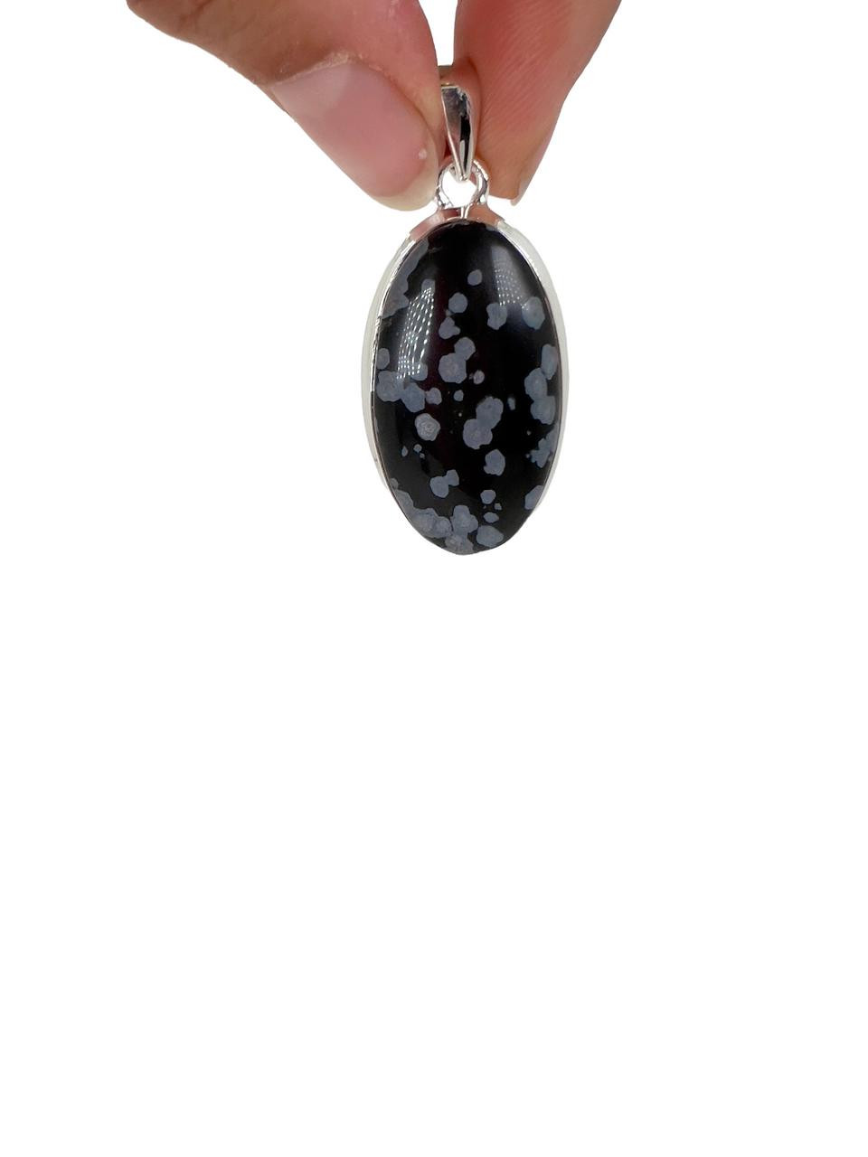 Snowflake Obsidian Polished Oval Pendant - Sterling Silver - No