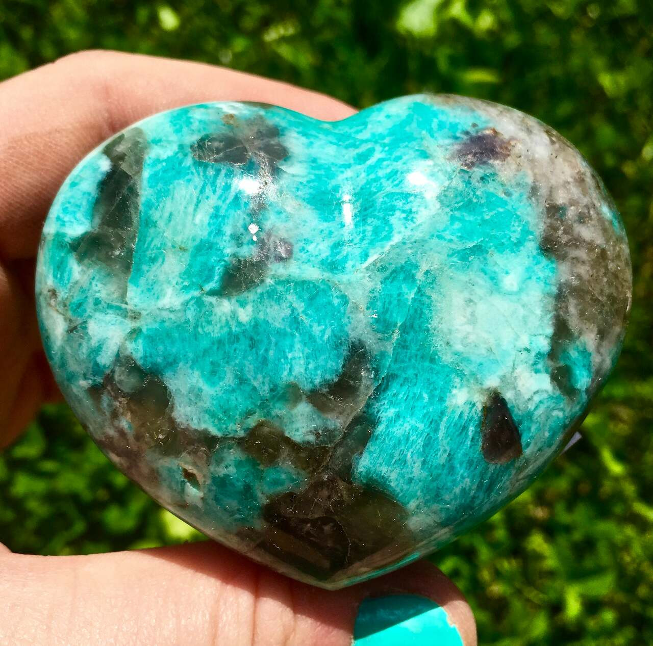 Amazonite Heart Polished Stone (smoky quartz inclusions) | New