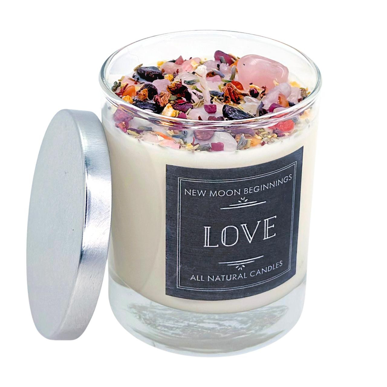 Love Candle - Crystal & Herbs for Love Intention | New Moon Beginnings