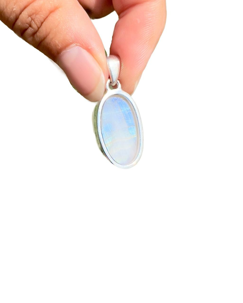 Rainbow Moonstone Pendant - Raw Oval - Sterling Silver - No.476