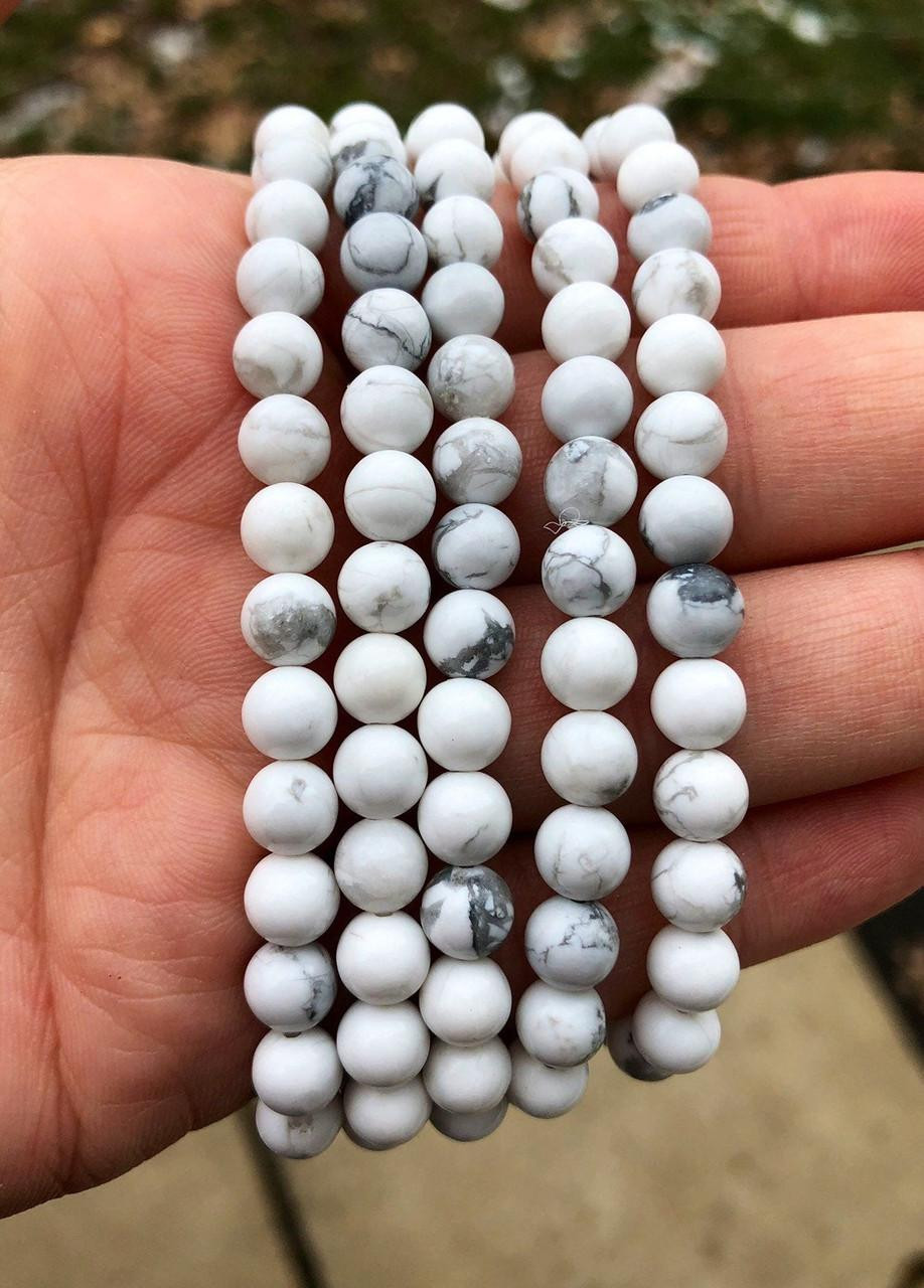 White Howlite Elastic Bracelet - 6mm Beads | New Moon Beginnings