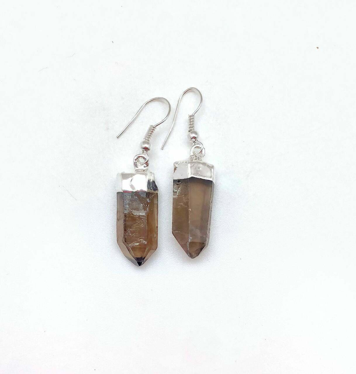 Smoky Quartz Raw Point Earrings in Plated Dangle Setting | New