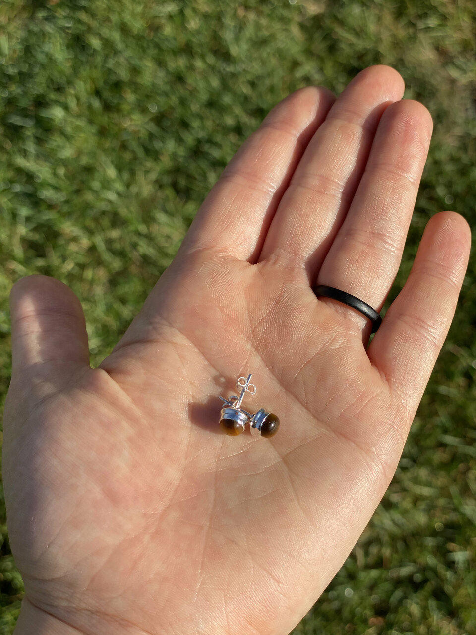Silver Plated Stud Earrings With Round Blue Tiger Eye & Cobalt Pave - New Without Tags