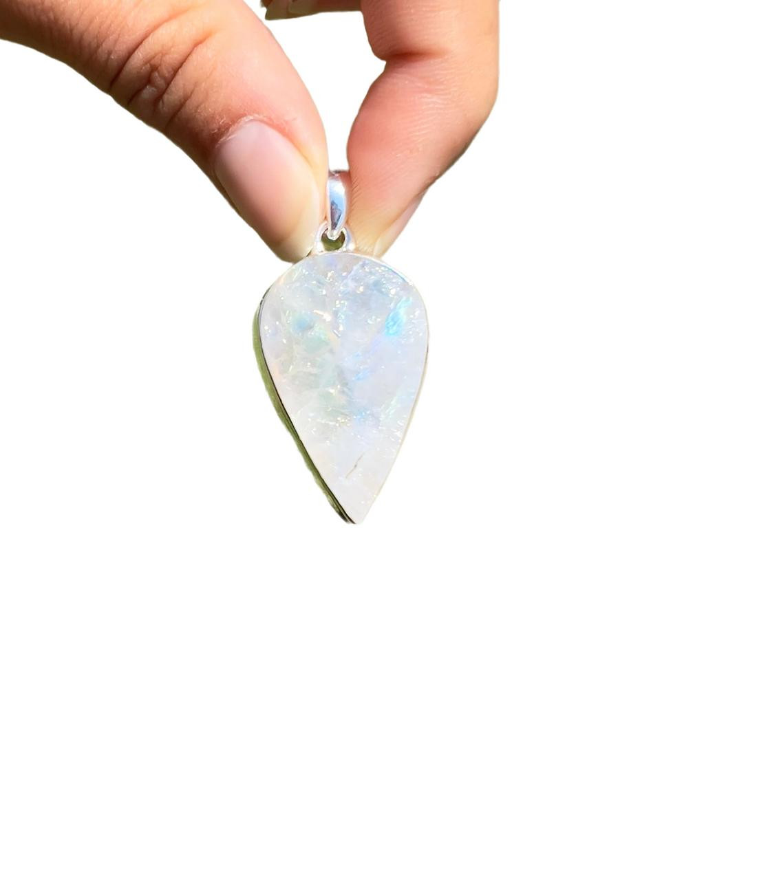 Rainbow Moonstone Raw Teardrop Pendant - Sterling Silver