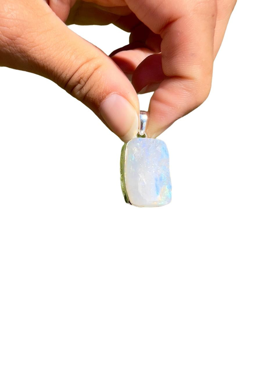 Rainbow Moonstone Raw Rectangle Pendant - Sterling Silver - No.280