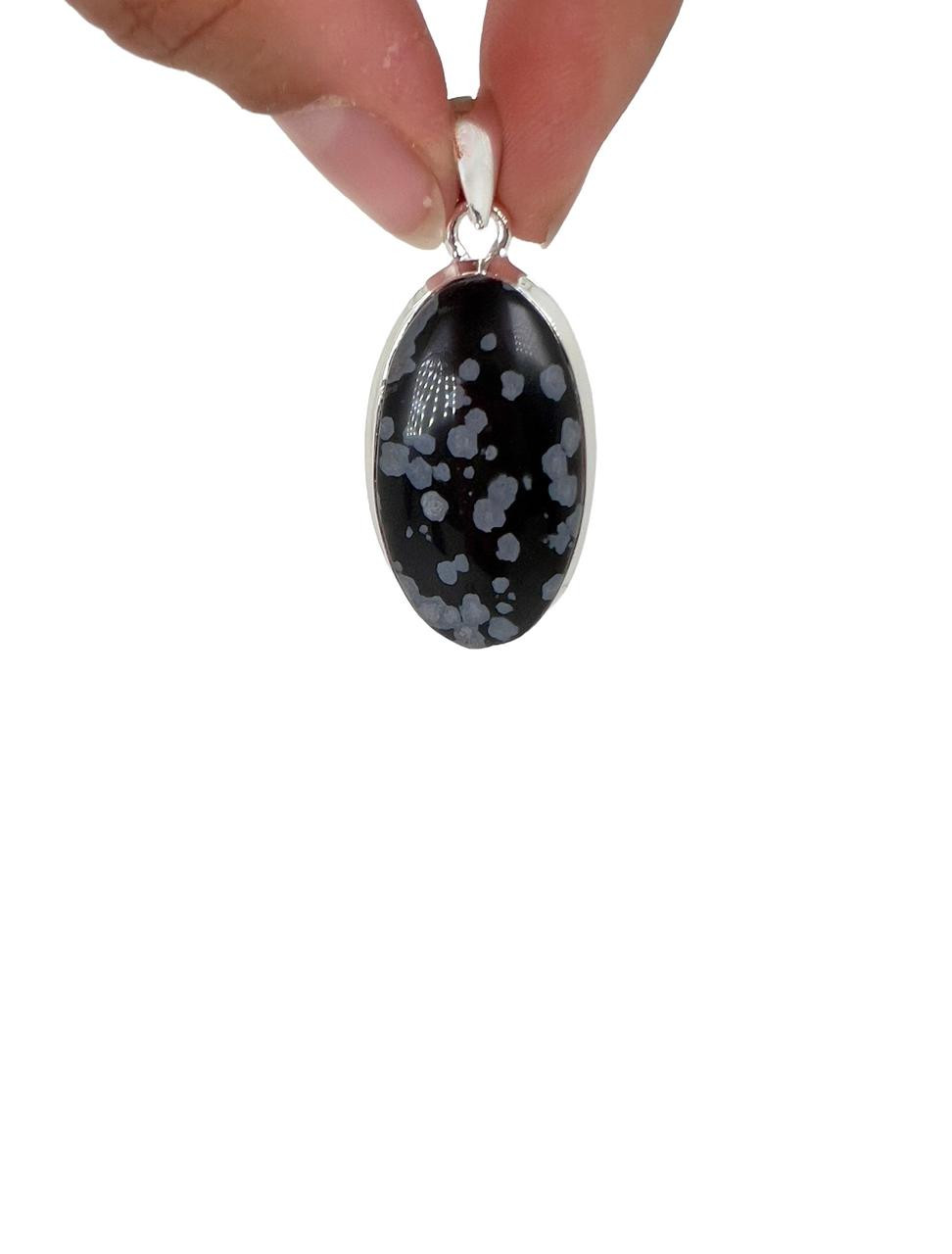 Snowflake Obsidian Polished Oval Pendant - Sterling Silver