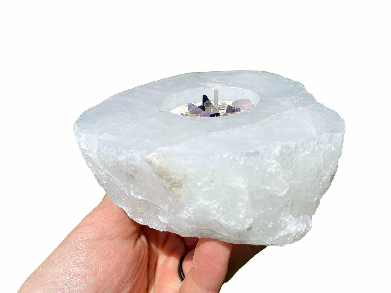 Clear Quartz Candle Holder Rough Edge, Polished Top New Moon Beginnings