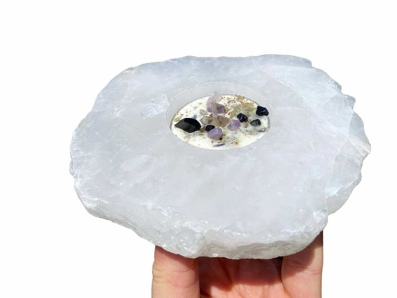 Clear Quartz Candle Holder Rough Edge, Polished Top New Moon Beginnings