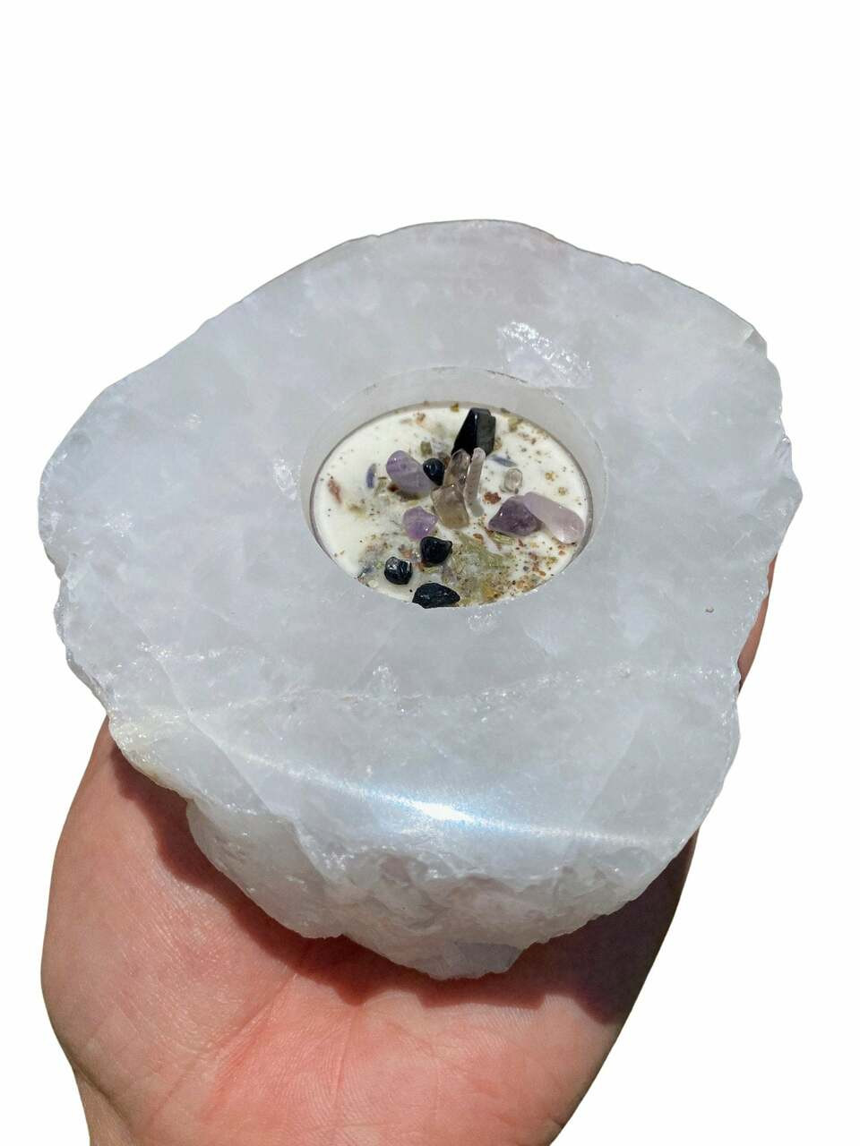 Clear Quartz Candle Holder Rough Edge, Polished Top New Moon Beginnings