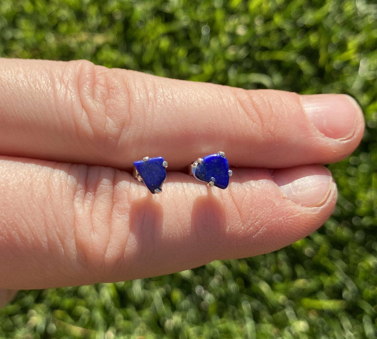 Lapis Lazuli Polished Earrings in Prong Stud Setting - Sterling Silver