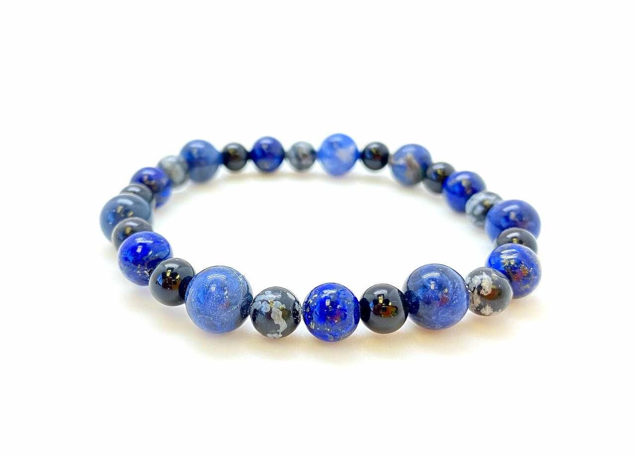 Silver Crescent Moon Blue Beaded Stretch Bracelet