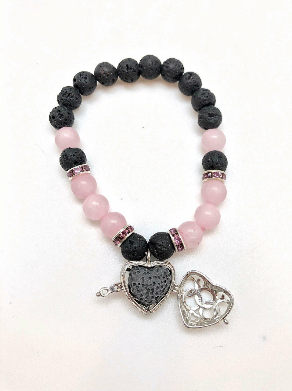 Rose Quartz with Lava Stone Large Bead Bracelet for Heart Chakra (Large)