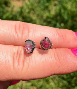 Watermelon Tourmaline Raw Natural Stud Earrings - Sterling Silver