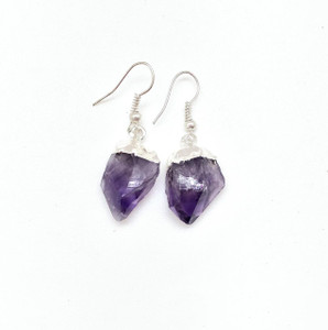 Amethyst Earrings in Silver - Raw Point Dangle Earrings