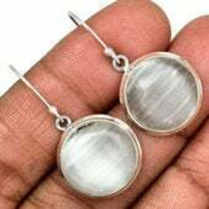 Selenite Polished Round Dangle Earrings - Sterling Silver - 419
