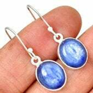 Blue Kyanite Polished Oval Dangle Earrings - Sterling Silver - 460