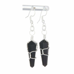 Black Obsidian Polished Point Earrings in Wire Wrapped Dangle Setting
