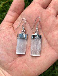 Selenite Raw Rectangle Dangle Earrings in Plated Setting Selenite Raw Rectangle Dangle Earrings in Plated Setting