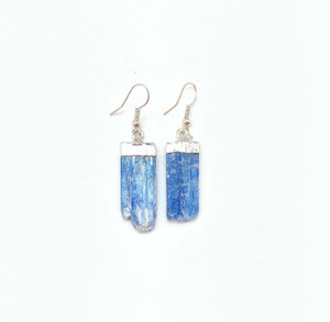 Blue Kyanite Raw Dangle Earrings in Plated Setting