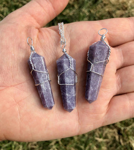 Lepidolite Polished Point Pendant in Wire Wrapped Setting