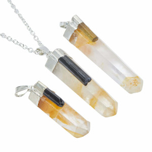 Golden Healer Quartz and Tourmaline Polished Point Pendant in Plated Setting