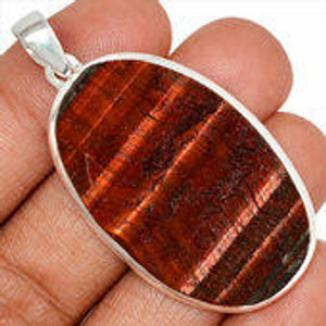 Red Tigers Eye Polished Oval Pendant in Bezel Setting - Sterling Silver - 15