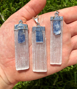 Selenite and Blue Kyanite Raw Rectangle Pendant in Plated Setting
