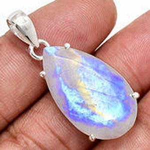 Rainbow Moonstone Polished Teardrop Pendant in Prong Setting - Sterling Silver - 773