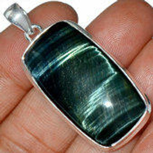 Blue Tigers Eye Polished Rectangle Pendant in Bezel Setting - Sterling Silver - 282