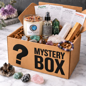 New Moon Beginnings Mystery Box filled with various crystal and aromatherapy items