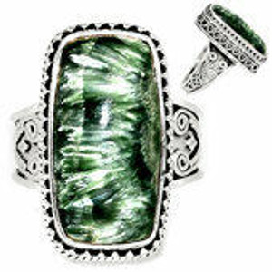 Seraphinite Ring in Sterling Silver, SIZE 9 US - Polished Rectangle Ring in Bezel Setting - 730