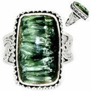 Seraphinite Ring in Sterling Silver, SIZE 8 US - Polished Rectangle Ring in Bezel Setting - 734
