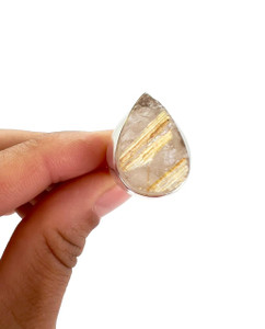 Golden Rutilated Quartz Ring in Sterling Silver, SIZE: 8 US - Polished Teardrop Ring - No.86 
