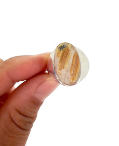 Golden Rutilated Quartz Ring in Sterling Silver, SIZE: 8.5 US - Polished Oval Ring - No.92 