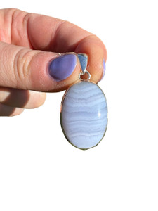 Blue Lace Agate Polished Oval Pendant - Sterling Silver - No.1309 