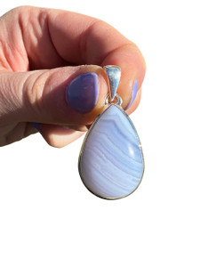 Blue Lace Agate Polished Teardrop Pendant - Sterling Silver - No.1347 