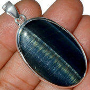 Blue Tigers Eye Polished Oval Pendant in Bezel Setting - Sterling Silver - 257