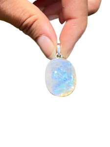 Rainbow Moonstone Raw Oval Pendant - Sterling Silver - No.261 