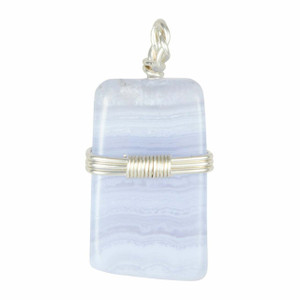 Blue Lace Agate Polished Natural Pendant in Wire Wrapped Setting - Sterling Silver - 106