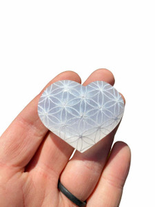 Selenite Heart - Engraved Flower of Life - Polished Stone