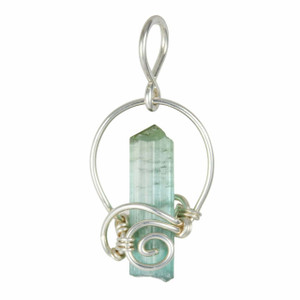 Blue Tourmaline Raw Natural Pendant in Wire Wrapped Setting - Sterling Silver - 89
