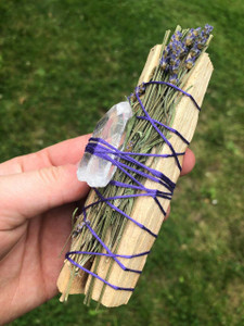 Palo Santo Lavender Cleansing Stick with Clear Quartz Point