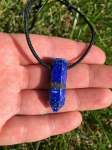 Lapis Lazuli Pendant with Adjustable Black Cord - Polished Point Pendant in Drilled Setting