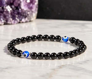 Evil Eye Protection Elastic Bracelet with Black Tourmaline - 6mm Beads