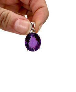 Faceted Amethyst Pendant - Polished Oval - Sterling Silver - No.1646 
