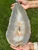 Hands holding the unpolished back of the gray banded agate slab outdoors over green grass
