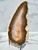 Banded gray agate slab displayed upright on a black metal stand against a white marble background