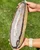 White quartz and agate slab held at an angle outdoors, showing the tan crusty rind along one edge