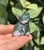 Moss Agate sitting cat carving with white and translucent patches and green moss inclusions, held in hand in front of leaves