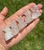 Five polished Clear Quartz cats sitting in a row in an open hand